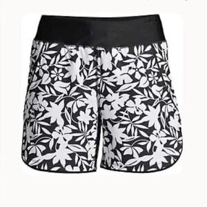 Lands' End Women’s Black and White Floral 5” Swim Shorts-UPF 50, quick dry